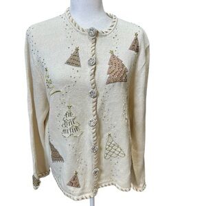 Vintage Festive Cream Cardigan with Tree Embellishments